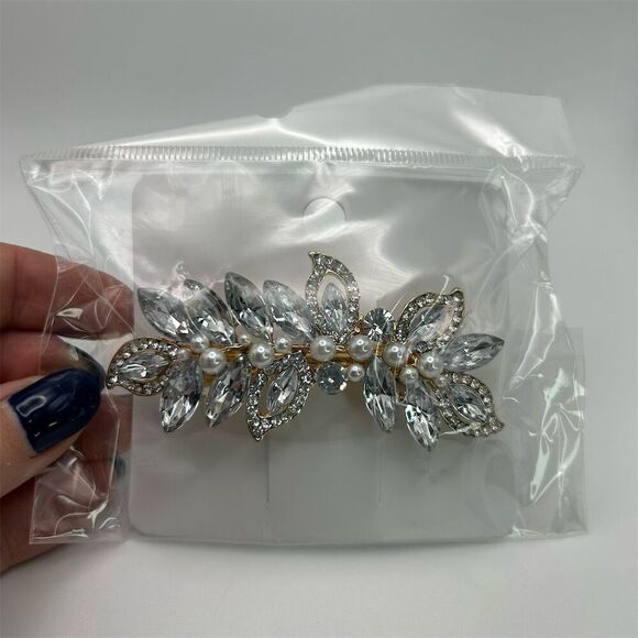 Faux Pearl Golden Hair Barrette Statement Silver Tone Leaves Natural Rhinestone - Picture 4 of 8
